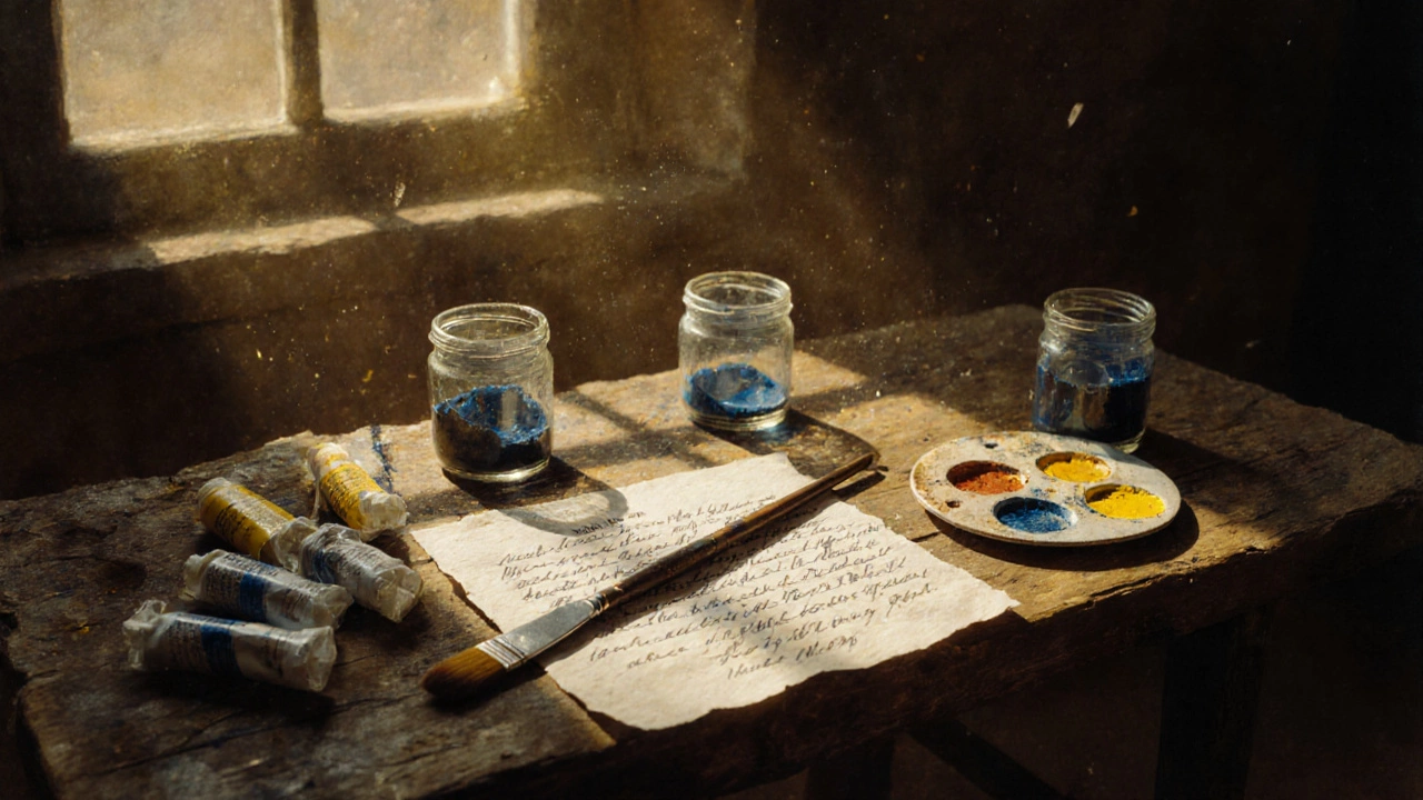 Van Gogh&#039;s paint tubes and brush on a wooden table with faded letter and dust motes in golden light.