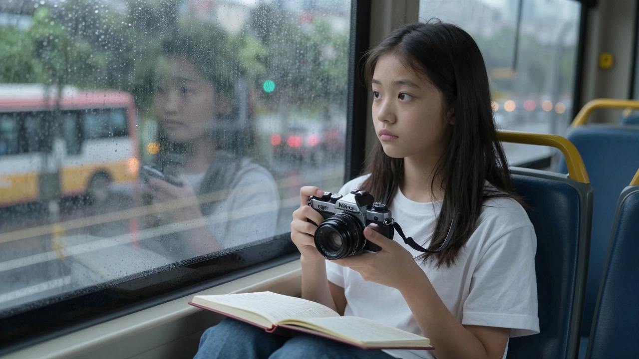 A girl on a bus holding an old film camera, rain streaking the window behind her.