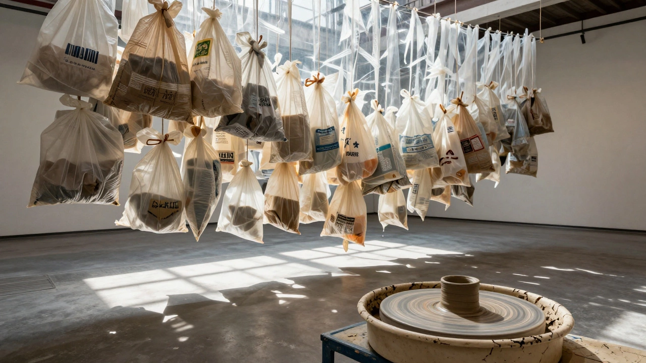 A massive tapestry made from braided plastic bags hanging from a ceiling, casting intricate shadows on the floor below.