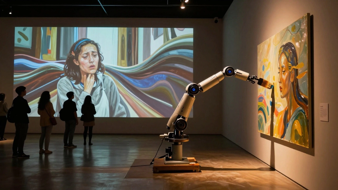 A robotic arm paints emotional AI-generated visuals on canvas in a quiet museum installation.