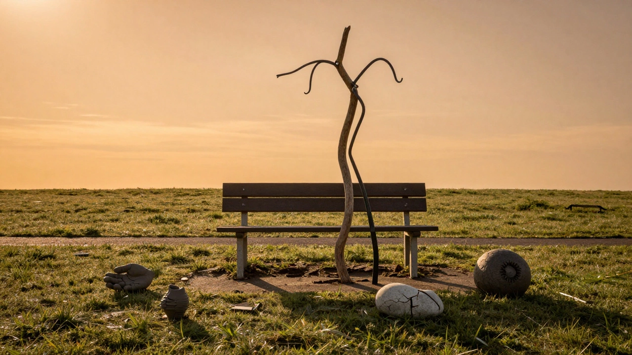 An abstract wire and driftwood sculpture on a park bench at sunset.
