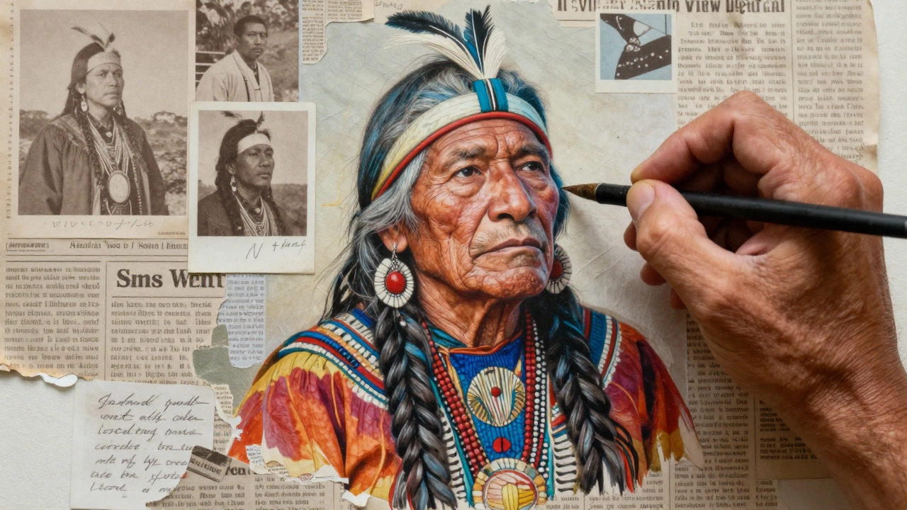 An artist paints over an AI-generated portrait with historical photos and handwritten notes.