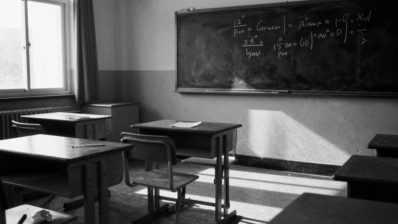An empty classroom with sunlight on abandoned desks and half-erased chalkboard writing.