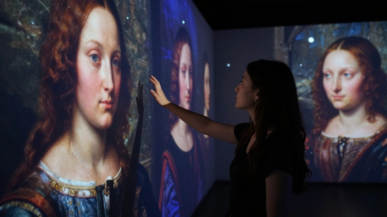 An immersive light installation reacting to a visitor&#039;s facial expression, with dynamic colors projected across a dark room.