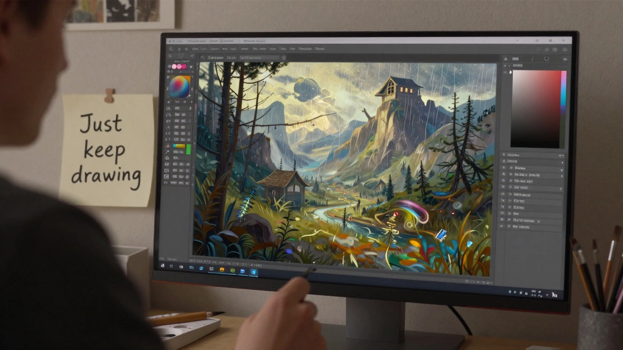 Artist working on a fantasy landscape using free Krita software