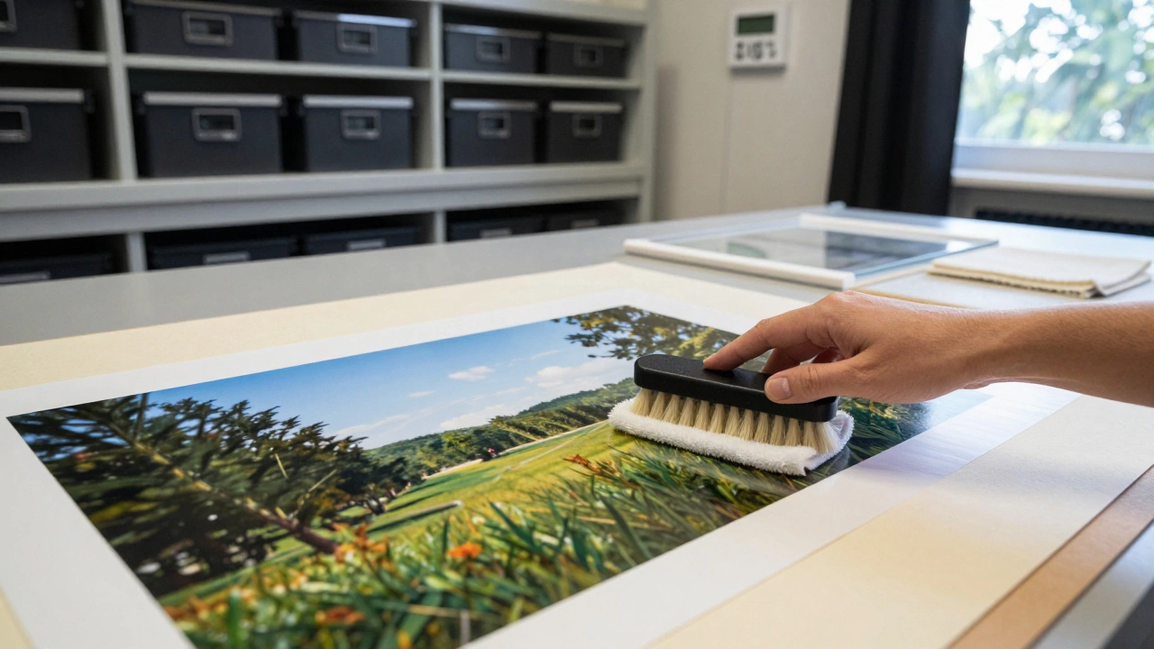 Delicate cleaning of an archival print with a soft brush in a climate-controlled storage room.