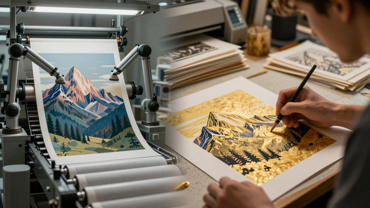 Factory-made poster versus hand-finished art print in studio