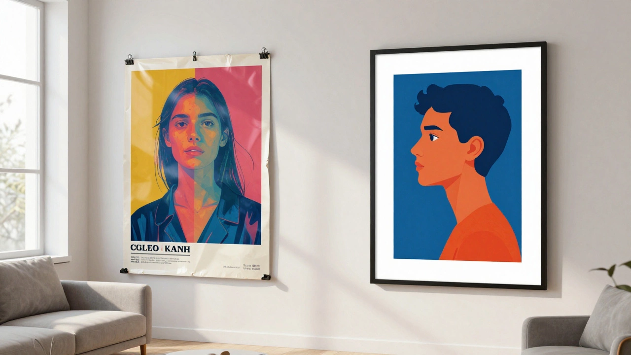 Faded poster next to vibrant art print in a sunlit living room