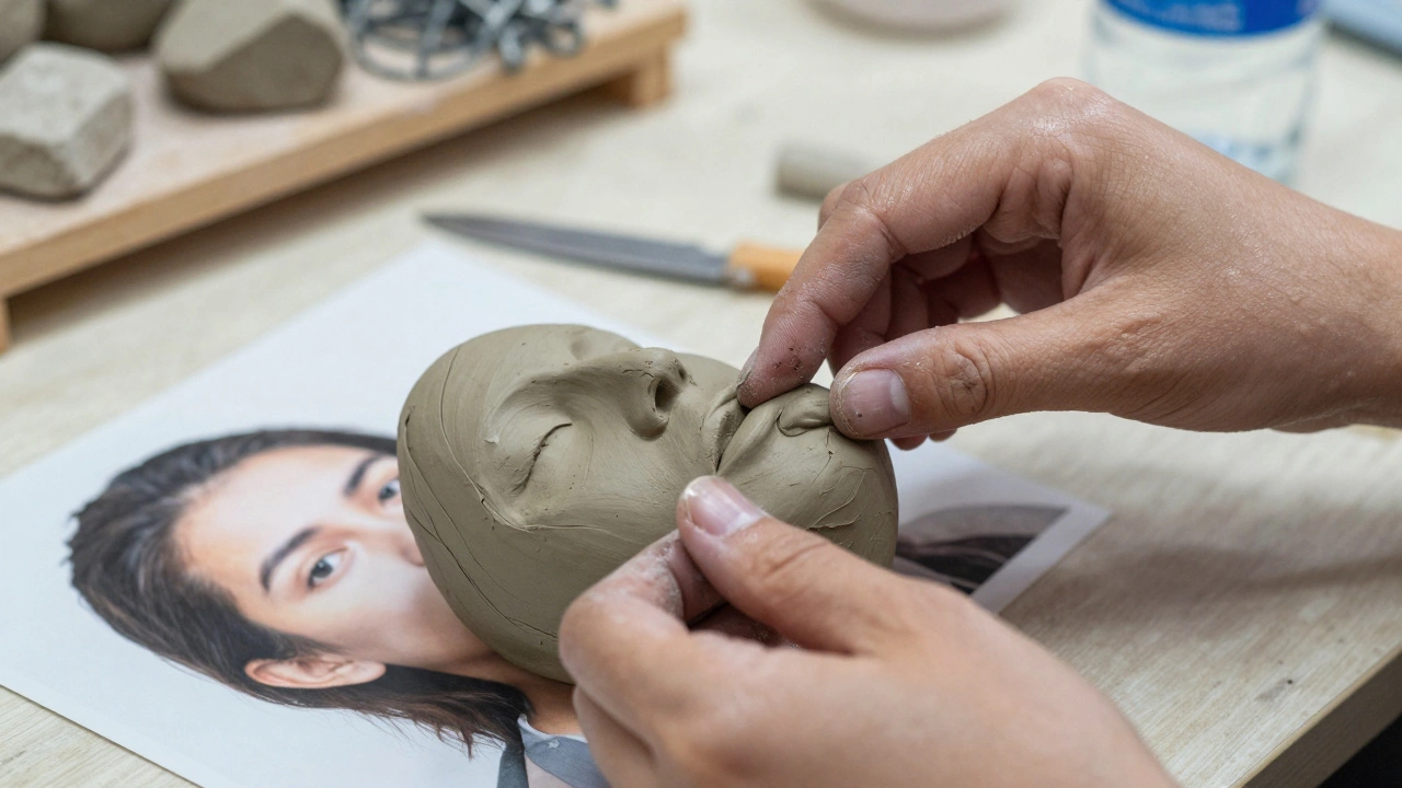 Fingers smoothing clay into a face, with a reference photo nearby.