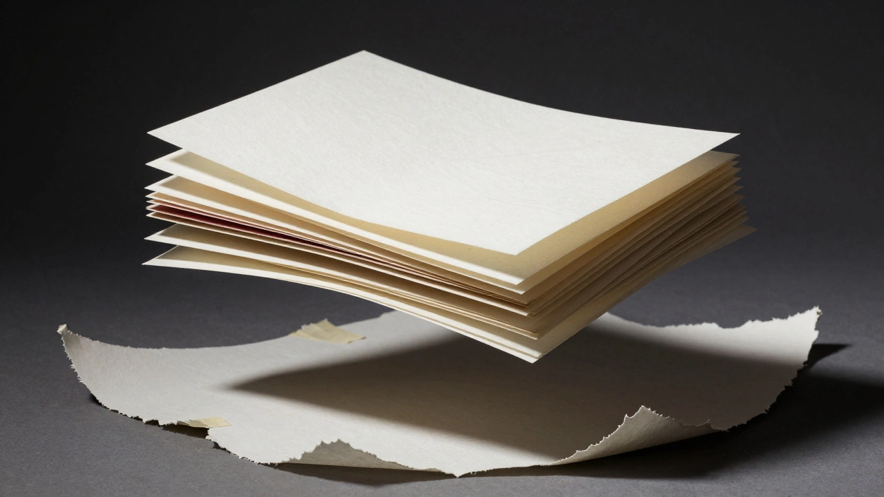 Flat finished watercolor sheets floating above discarded warped, taped paper