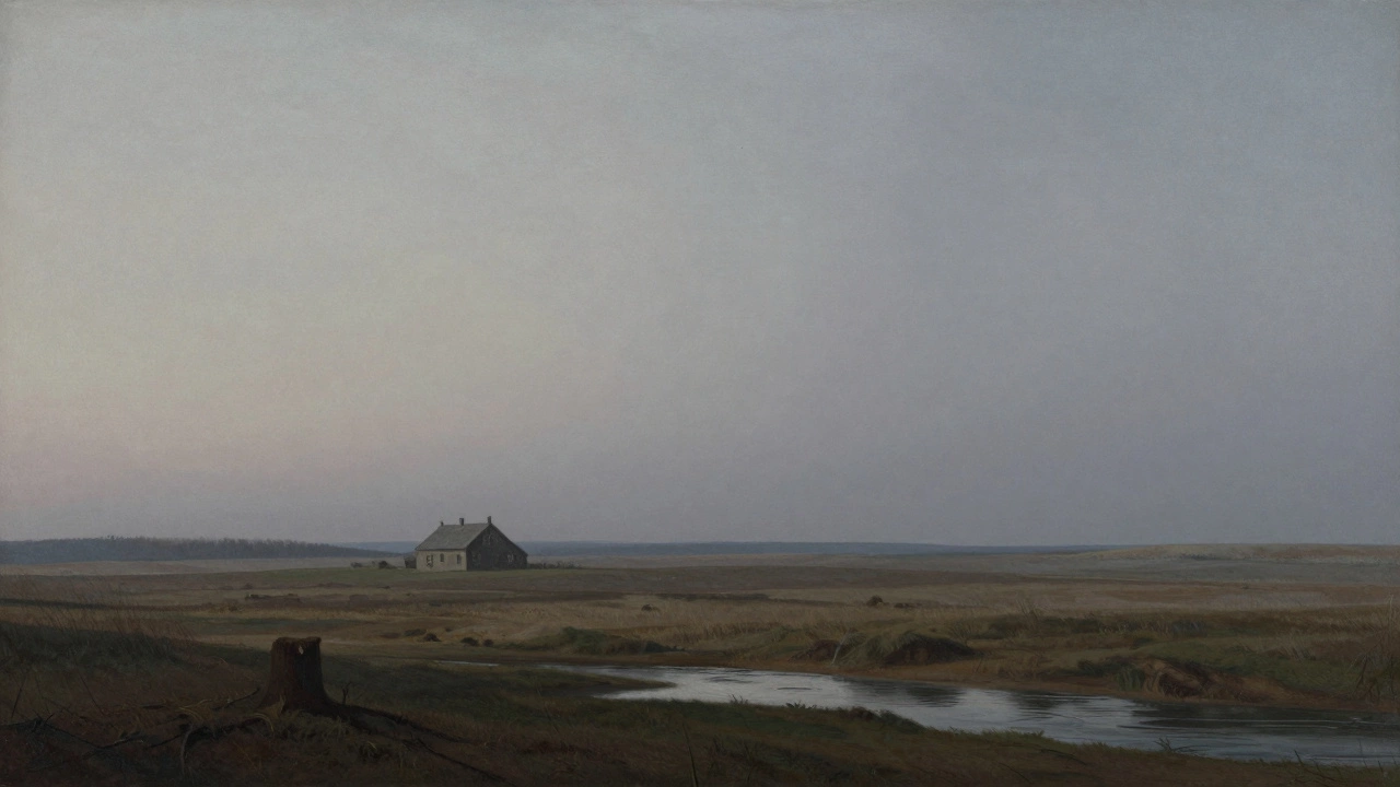 High horizon line shows vast plain with tree stump foreground and distant farmhouse in soft haze.