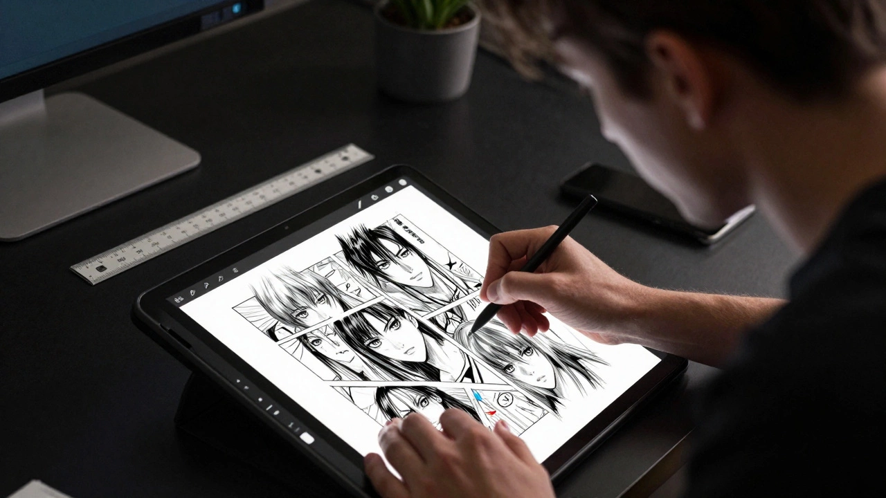 Illustrator creating manga panels with Clip Studio Paint on tablet