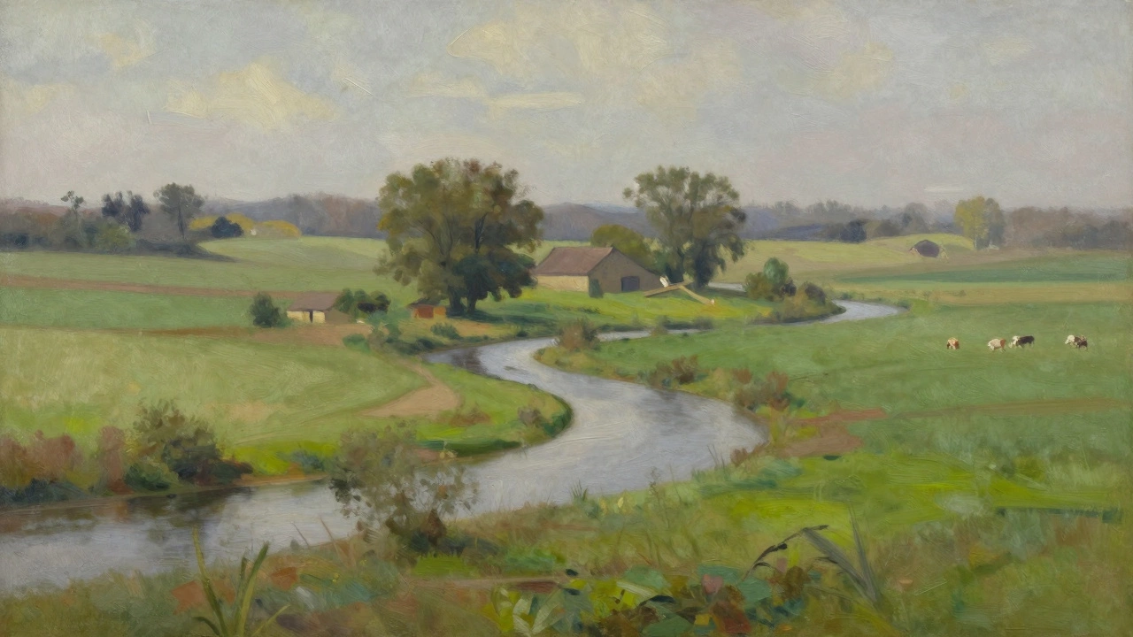 Middle ground with a river, farmhouse, and trees softened by distance and hazy light.