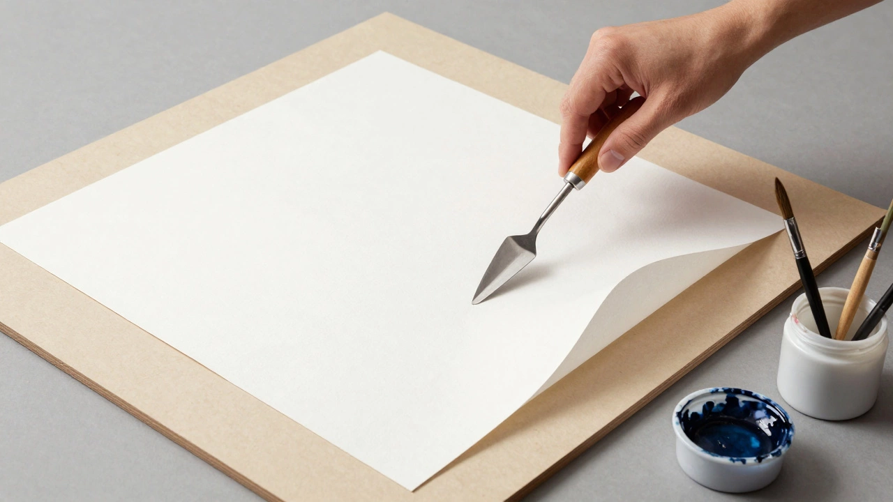 Palette knife slicing a mounted watercolor painting from a rigid board