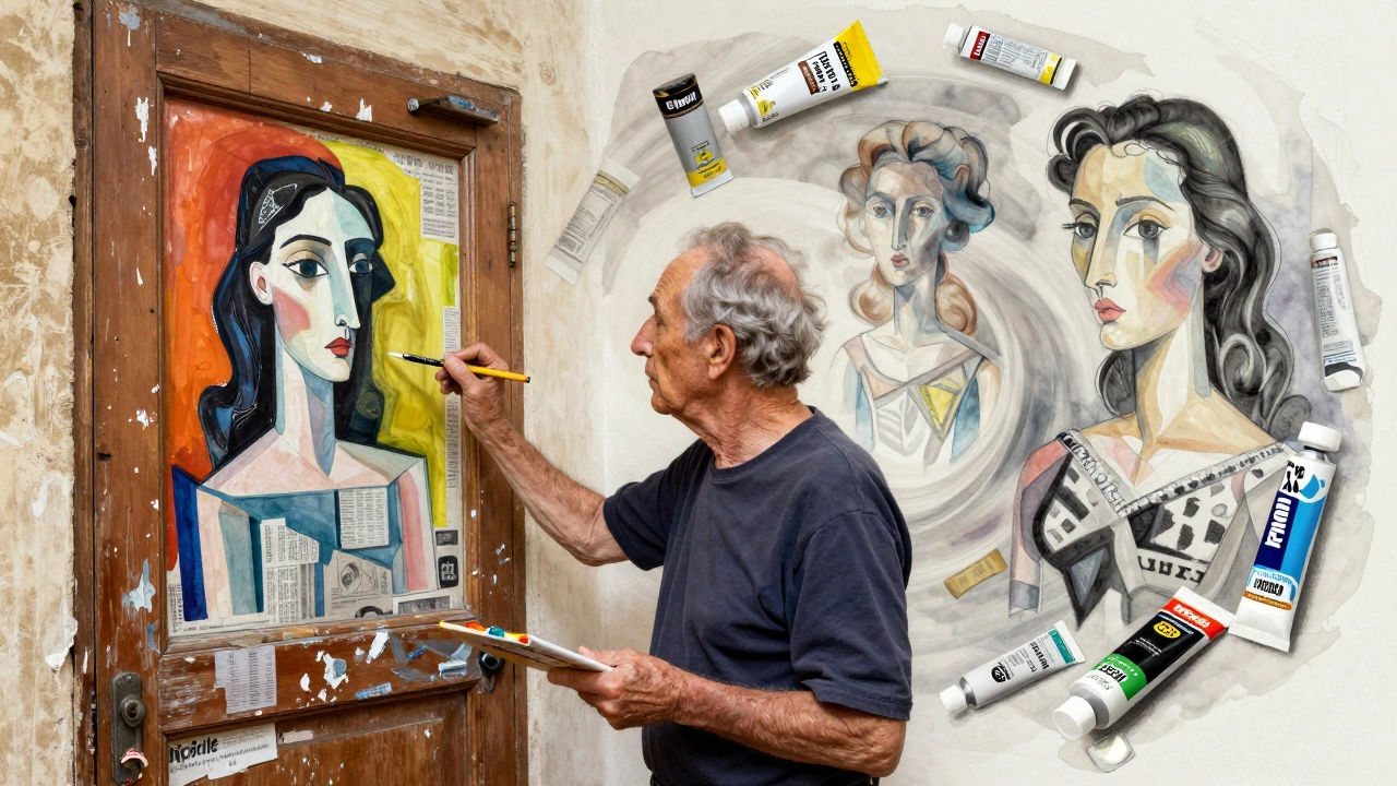 Picasso painting on wood with house paint, surrounded by collage elements and floating watercolor sketches.