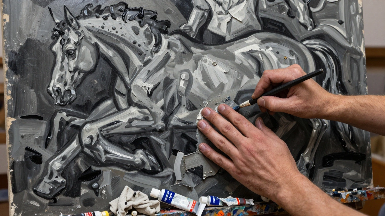 Picasso’s hands applying thick, textured oil paint to create the chaotic scene of Guernica.