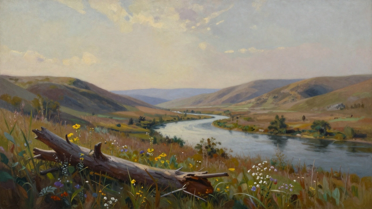 River in middle ground flows toward hazy hills, foreground has wildflowers, horizon low with expansive sky.