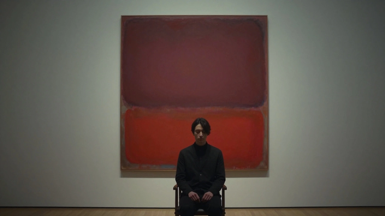 Someone sitting in silence before a Rothko color field painting, bathed in soft, glowing light.