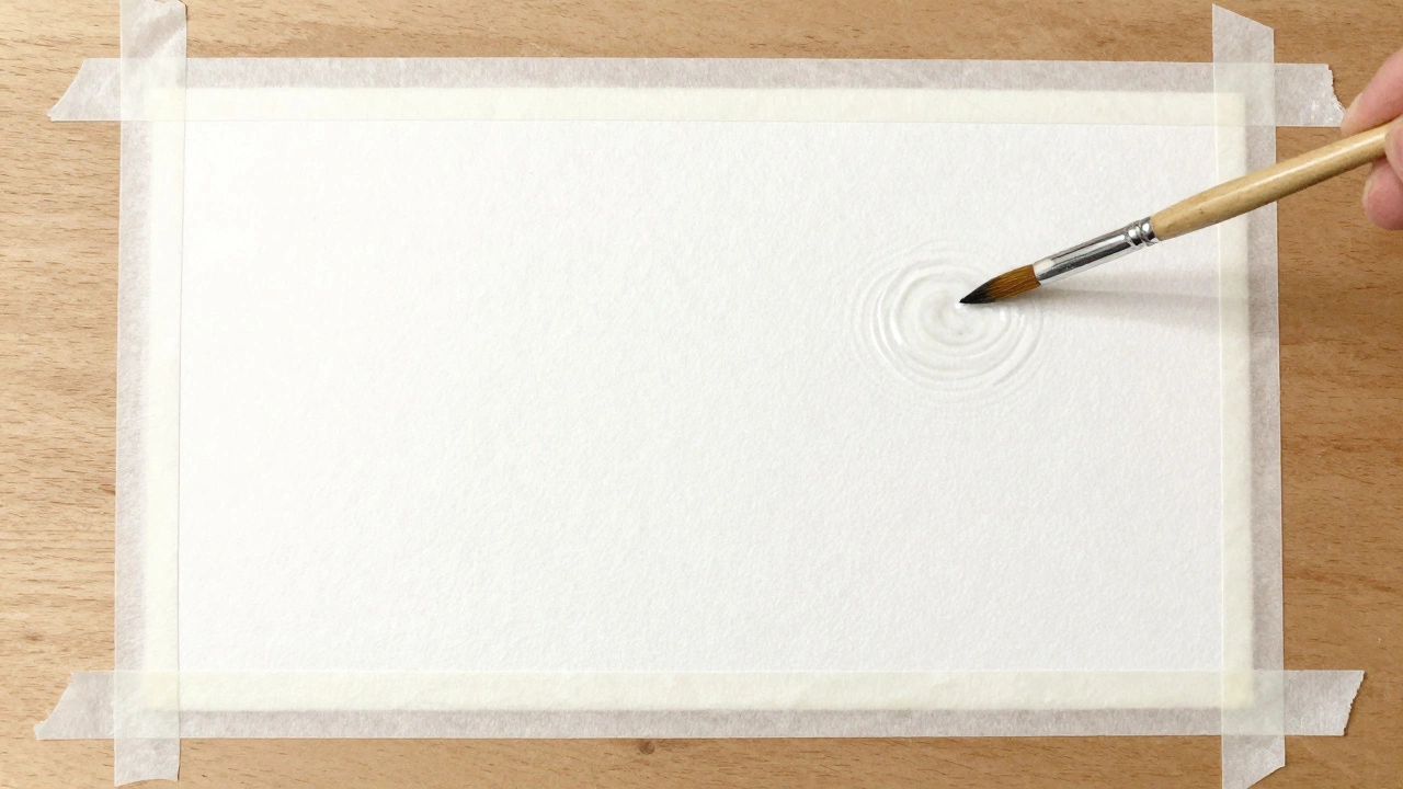 Taut watercolor paper taped to a board, drying flat under soft light, ready for painting.