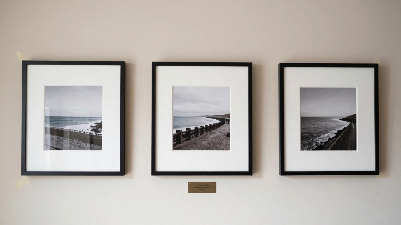 Three uniform fine art prints in black frames on a beige wall, evenly spaced with a small plaque.