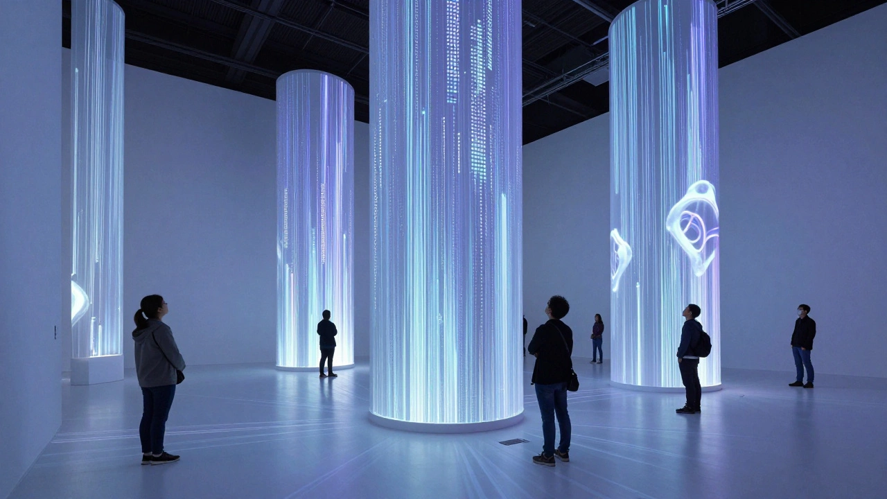 Visitors standing in awe before a massive immersive digital art installation with flowing light projections.
