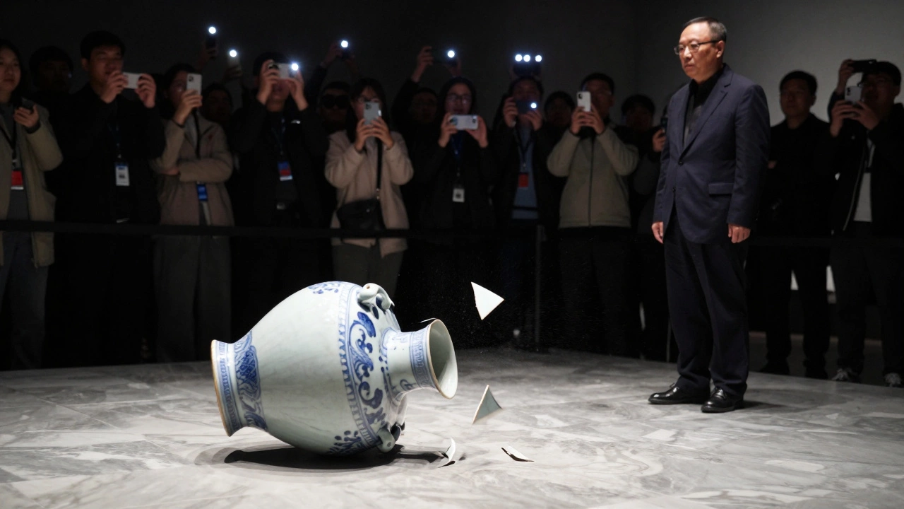 A broken ancient Chinese urn on the floor as a figure walks away amid a crowd taking photos.