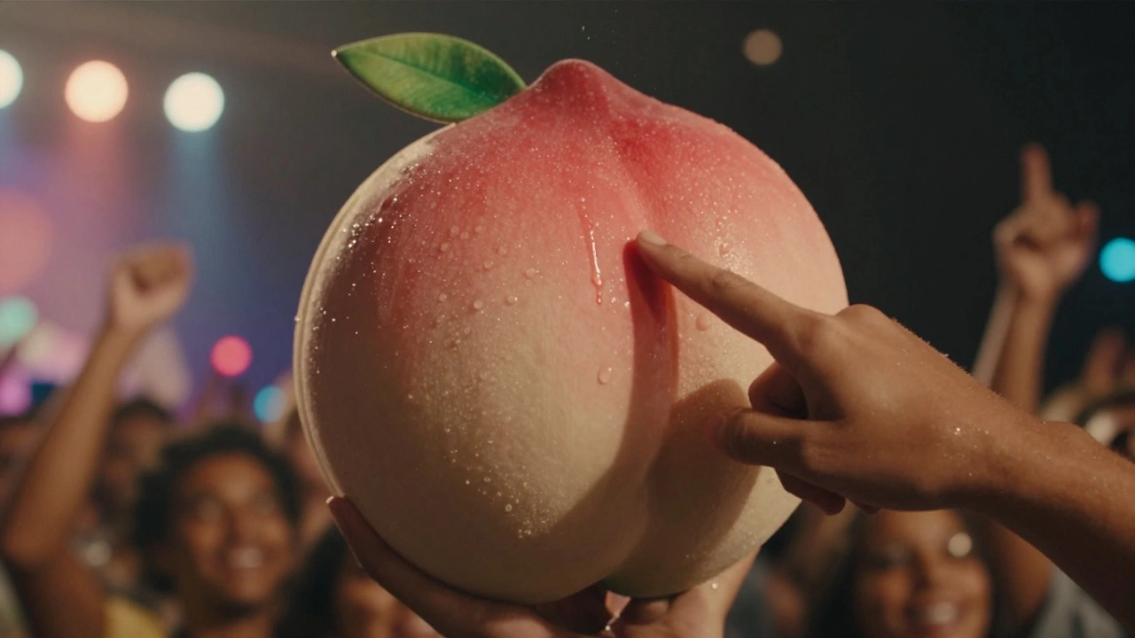 A hand points at a giant peach prop on a music video set with sparkling sweat droplets.