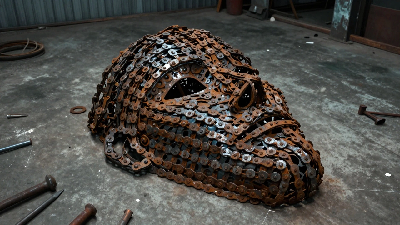 A human face sculpted from rusted bicycle chains lying on a concrete floor.