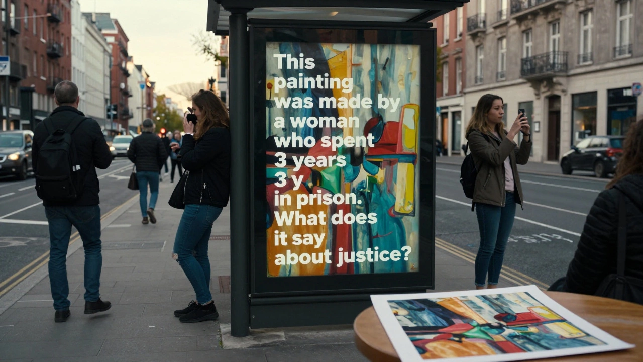 A large abstract painting displayed on a bus shelter with bold text about justice, passersby stopping to view it.
