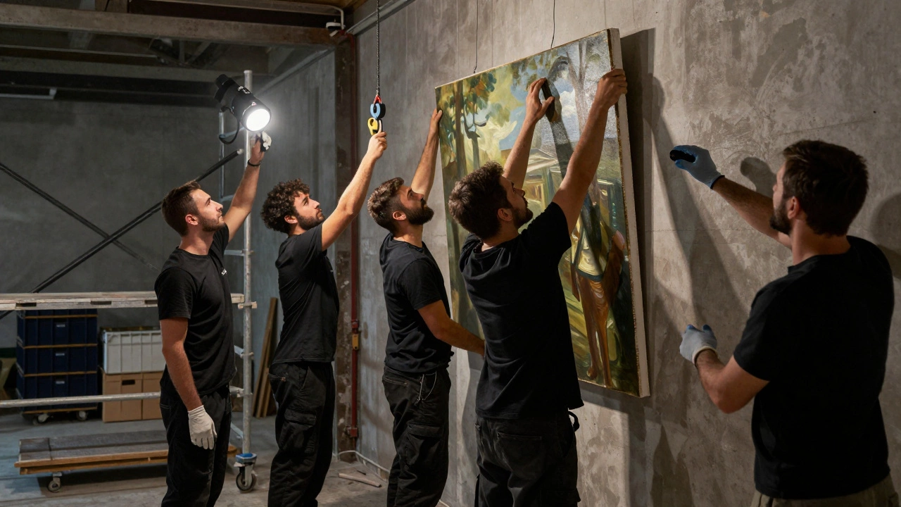 A team carefully hangs a large painting using scaffolding, with a conservator inspecting the artwork.