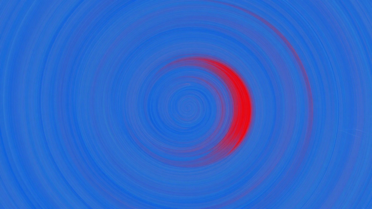 Abstract blue brushstrokes with one bold red stroke breaking the rhythm, creating visual movement and unity.