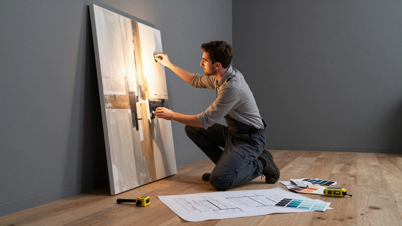 An exhibition designer adjusts a spotlight on a canvas, surrounded by tools and blueprints.