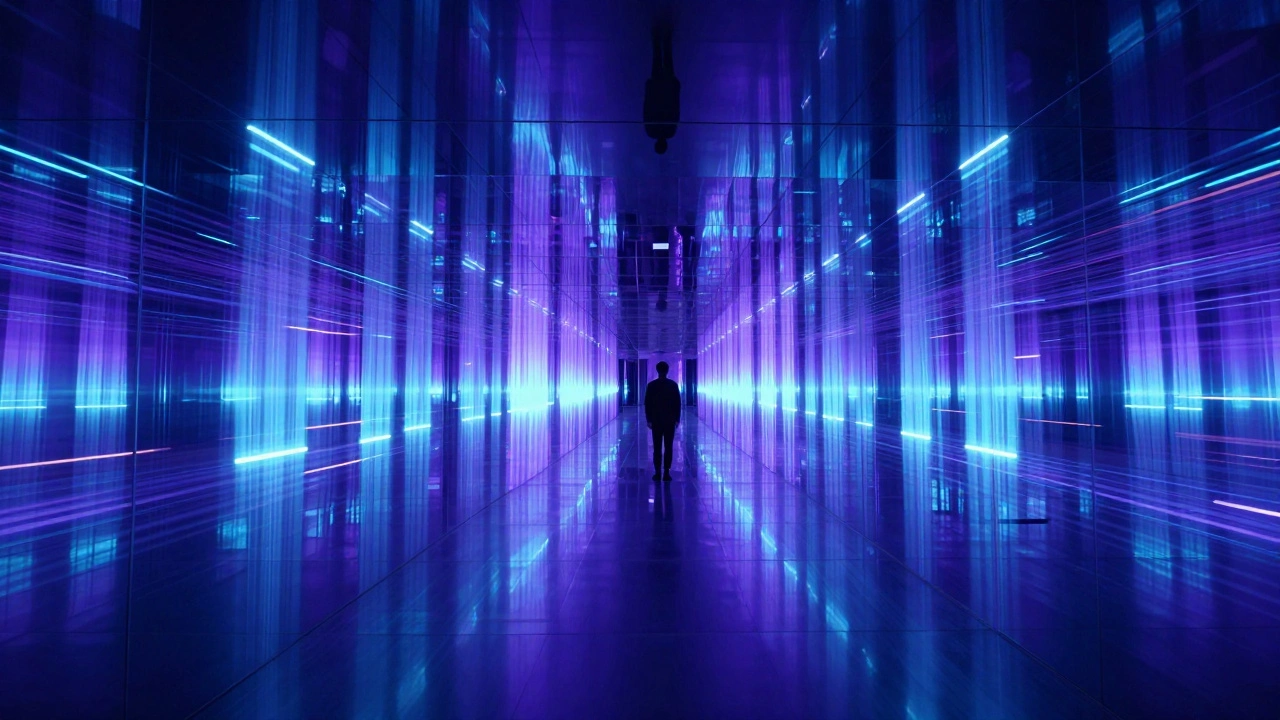 An immersive room of mirrors and colored LED lights creating infinite reflections.