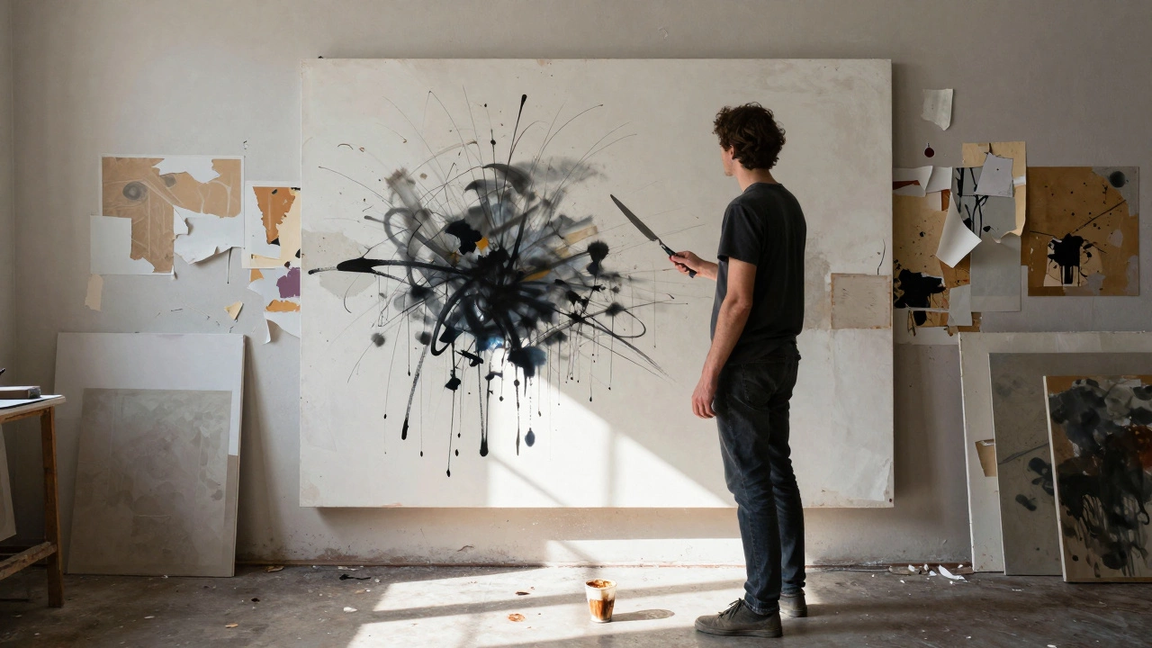 Artist scraping layers from a mixed-media canvas in a sunlit studio.