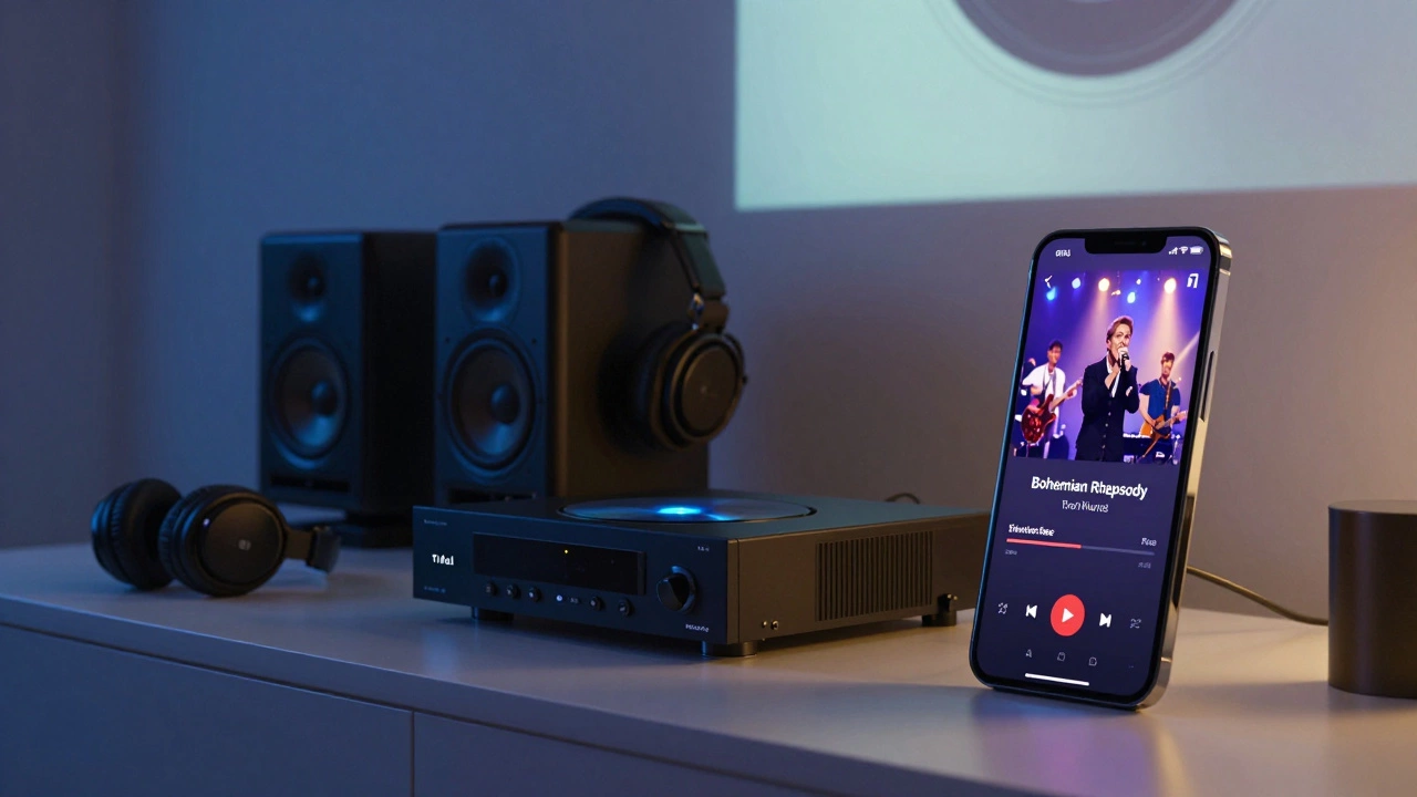 Audiophile setup with Tidal and YouTube Music concert video glowing in a dark bedroom