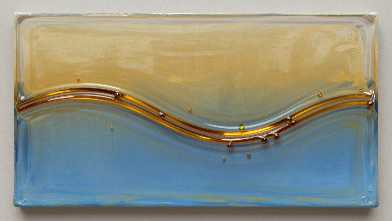 Cross-section of oil paint curing as oxygen slowly penetrates thick layers.