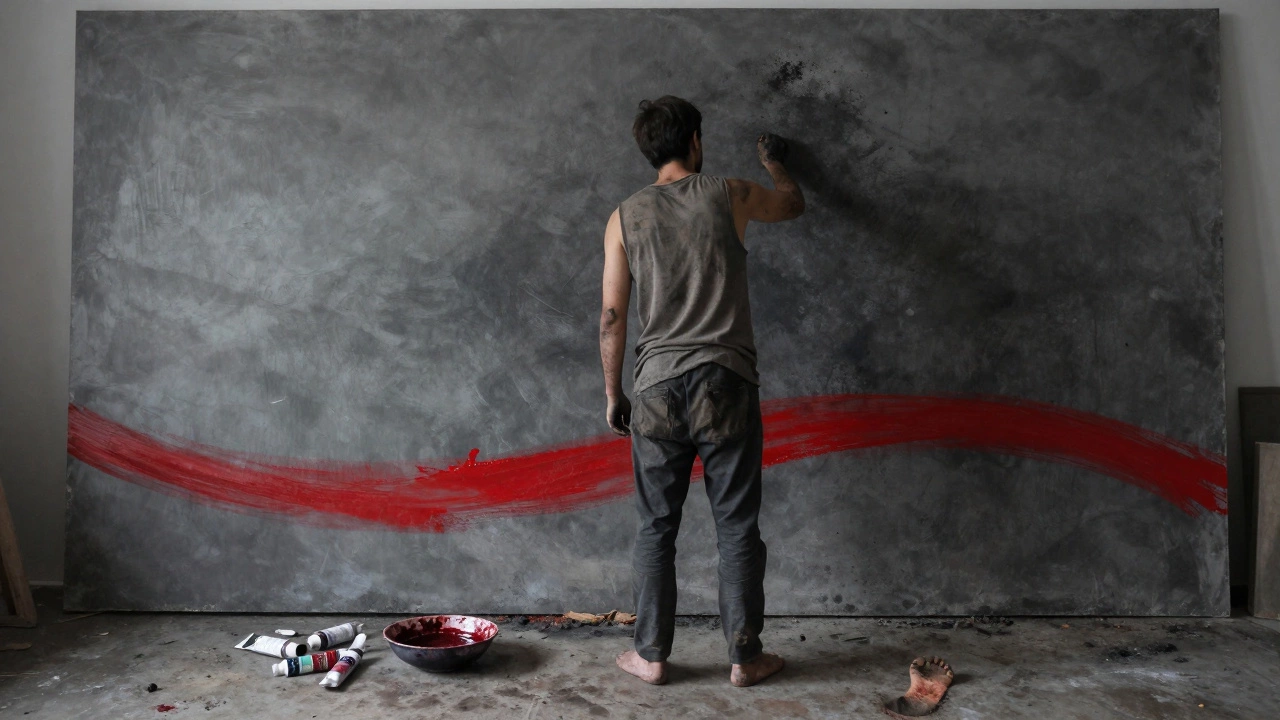 Figure painting with mud and charcoal on raw canvas, a bold red stroke visible.