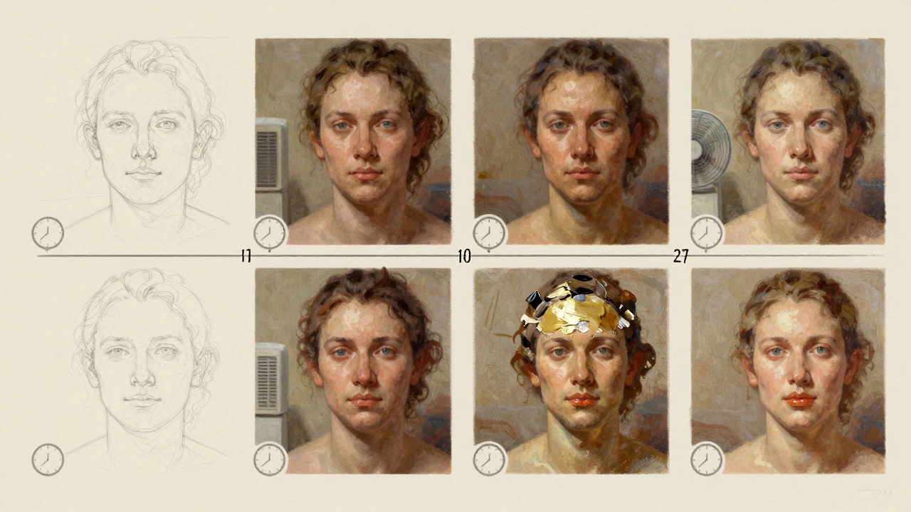 Four-panel timeline showing oil portrait layers drying over days.