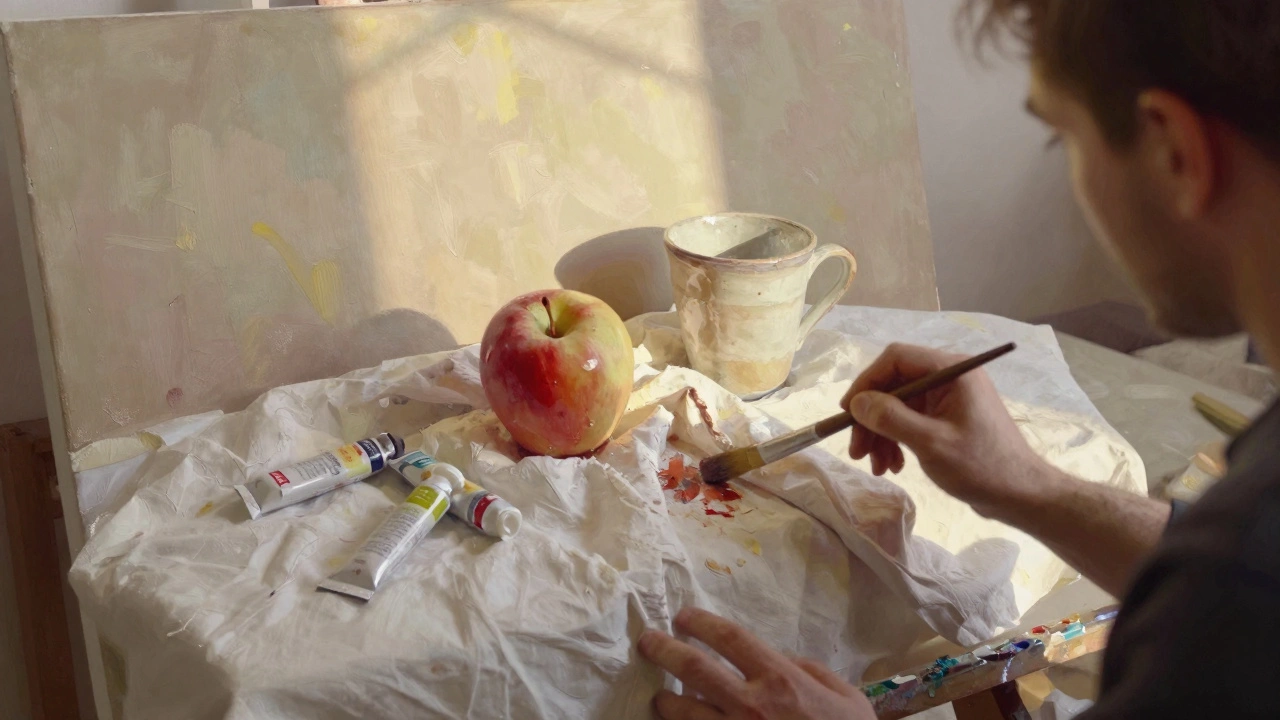 Painter working wet-on-wet on a still life, capturing late afternoon light with bold brushstrokes.