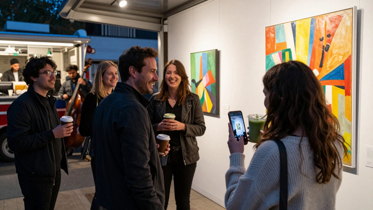 People socializing at an art exhibition opening with food trucks, live jazz, and a blogger posting online near a painting.