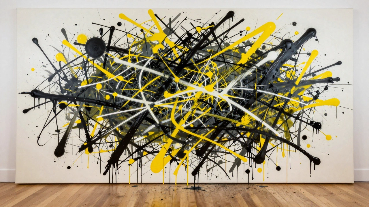 Splattered and dripped paint frozen in motion across a canvas on a wooden floor, showing chaotic energy and artistic process.