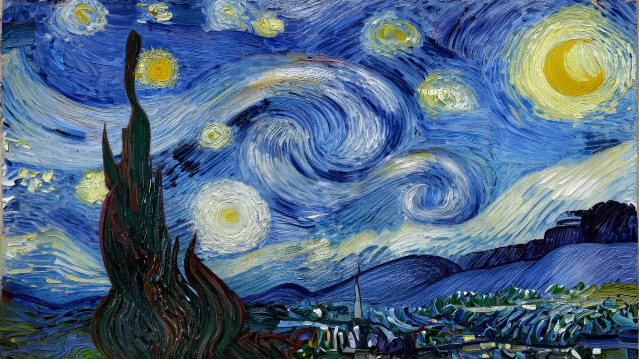 Thick, textured impasto strokes of blue and white forming swirling clouds in an oil painting.