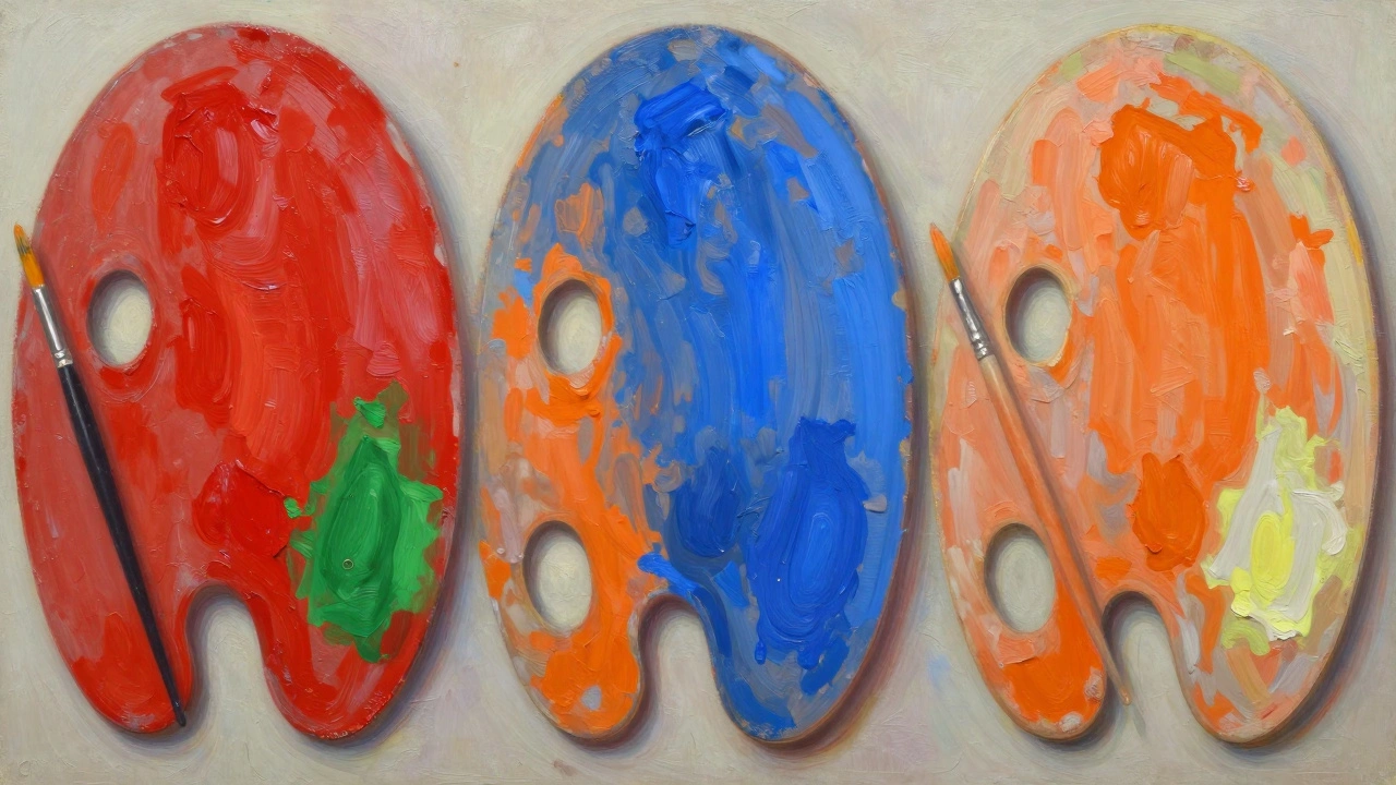 Three oil paint palettes showing complementary colors, each softened with a touch of its opposite.