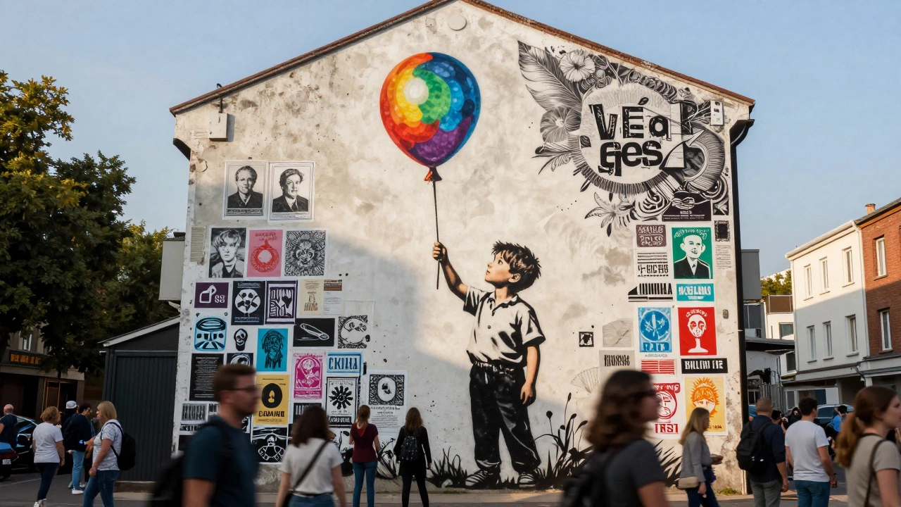 A detailed mural of a child with a balloon protest sign on a city building, viewers watching.