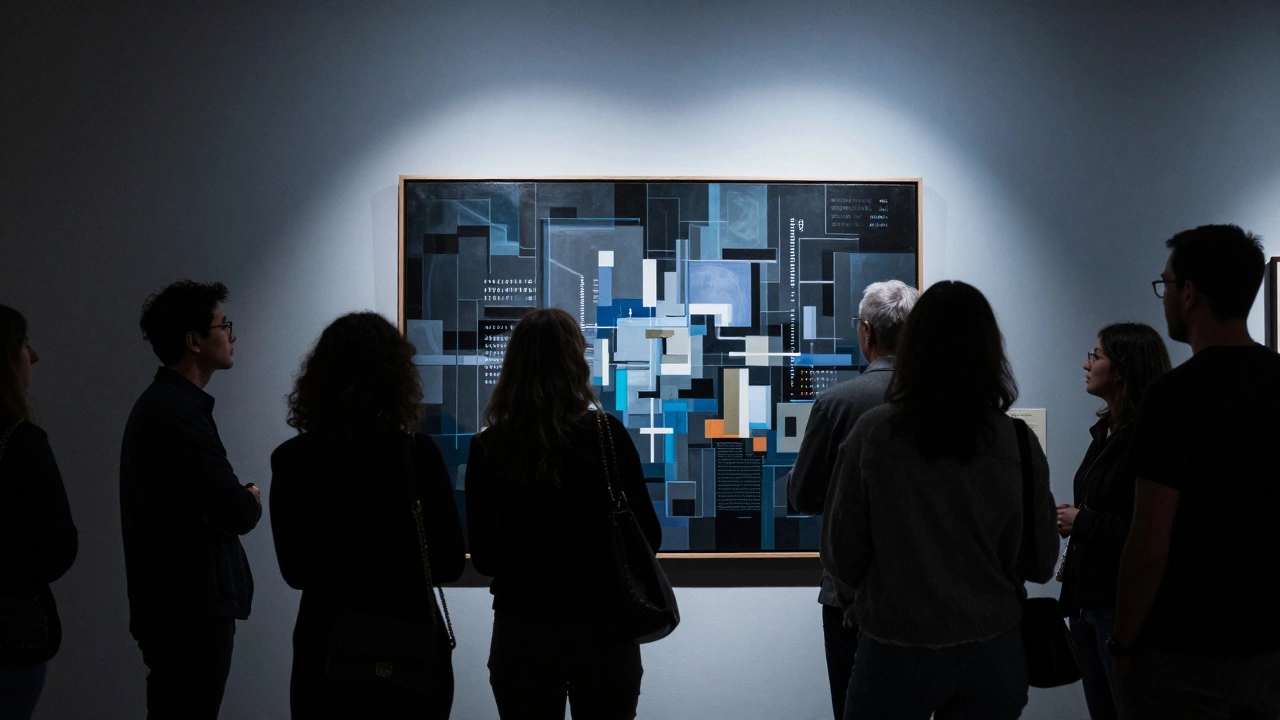 A gallery crowd viewing a fine art photograph under spotlights, with an MFA degree certificate visible on the wall.