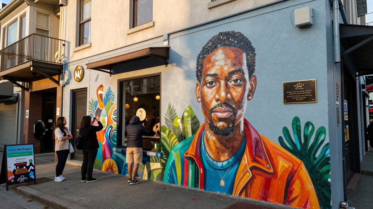 A vibrant mural on a café wall with a plaque honoring the artist, tourists taking photos nearby.
