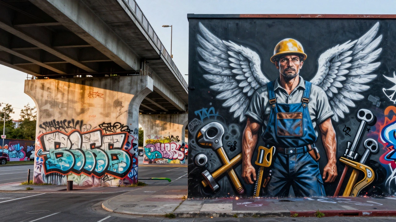 A wall showing chaotic graffiti on one side and a precise mural on the other, lit by dawn.