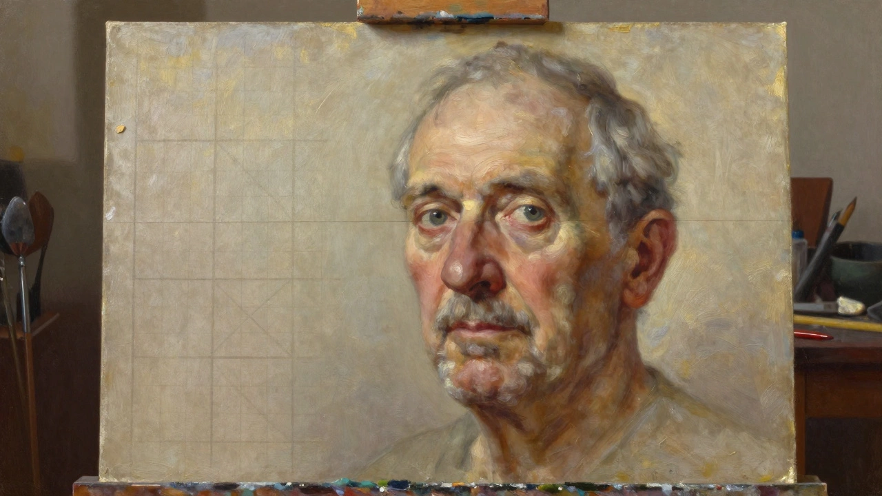 An artist's portrait with eyes at the upper third, painted in soft light with a faint grid on the easel.