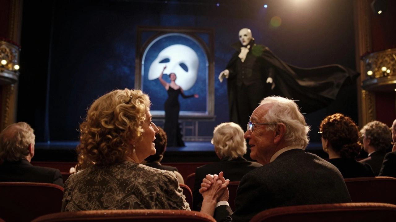 An elderly couple watches the final performance of The Phantom of the Opera, moved to tears by the music and spectacle.
