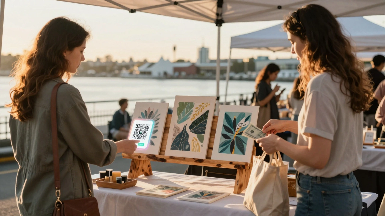 Artist at a local market booth with QR code sign and three original artworks, customer preparing to pay with cash.